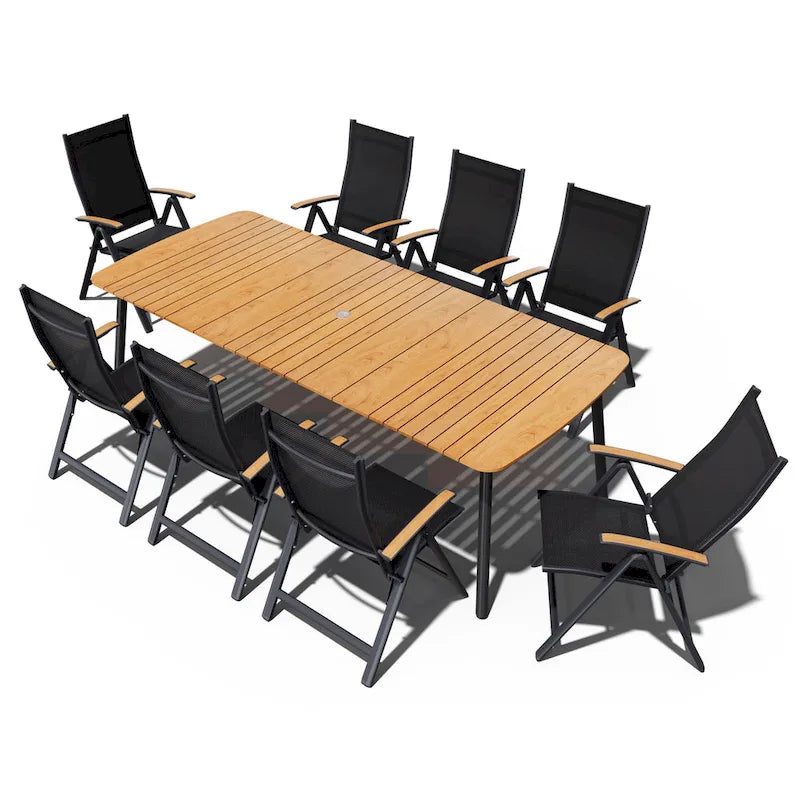 Table de salle à manger de patio 7/9 pièces, table d'extérieur rectangulaire en aluminium avec chaises pliantes