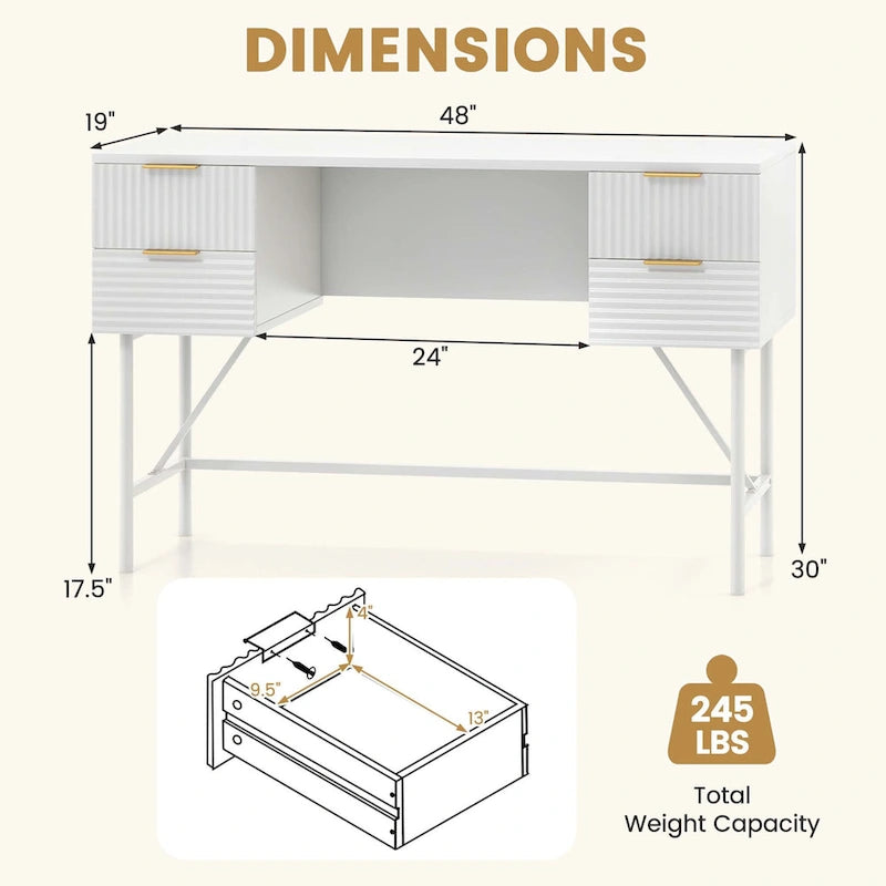 Bureau informatique de 122 cm avec 4 tiroirs de rangement et cadre métallique moderne
