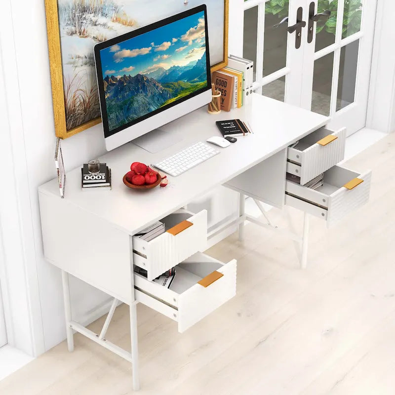 Bureau informatique de 122 cm avec 4 tiroirs de rangement et cadre métallique moderne