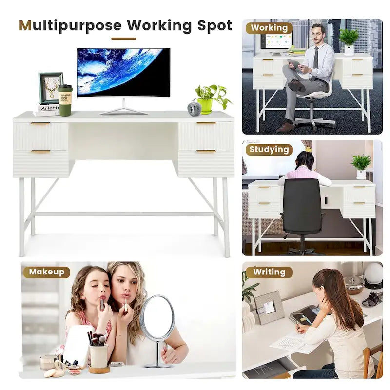 Bureau informatique de 122 cm avec 4 tiroirs de rangement et cadre métallique moderne