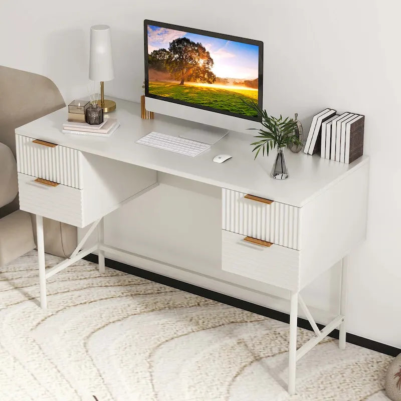 Bureau informatique de 122 cm avec 4 tiroirs de rangement et cadre métallique moderne