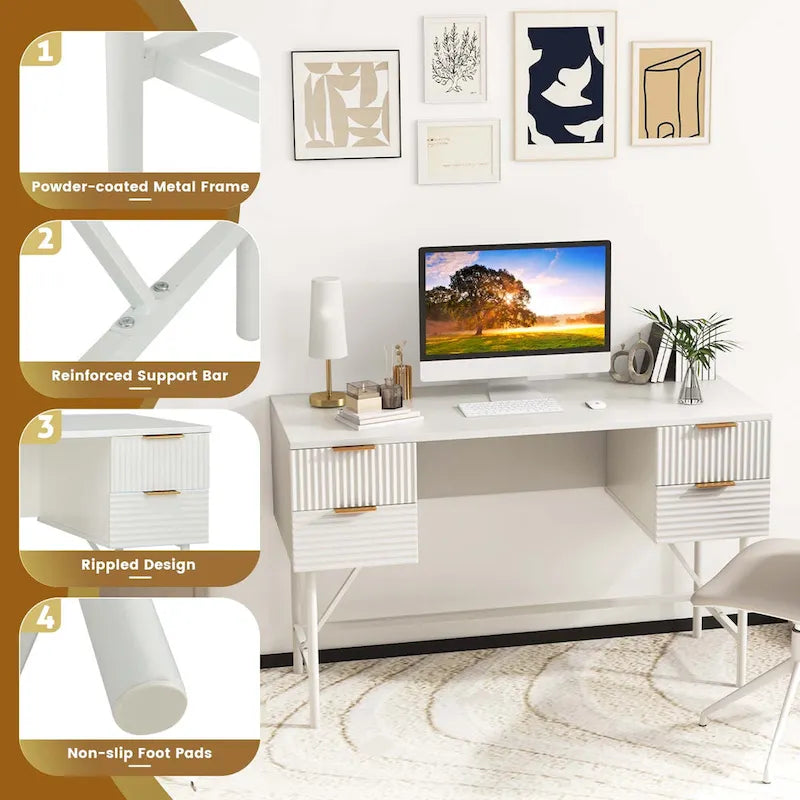 Bureau informatique de 122 cm avec 4 tiroirs de rangement et cadre métallique moderne
