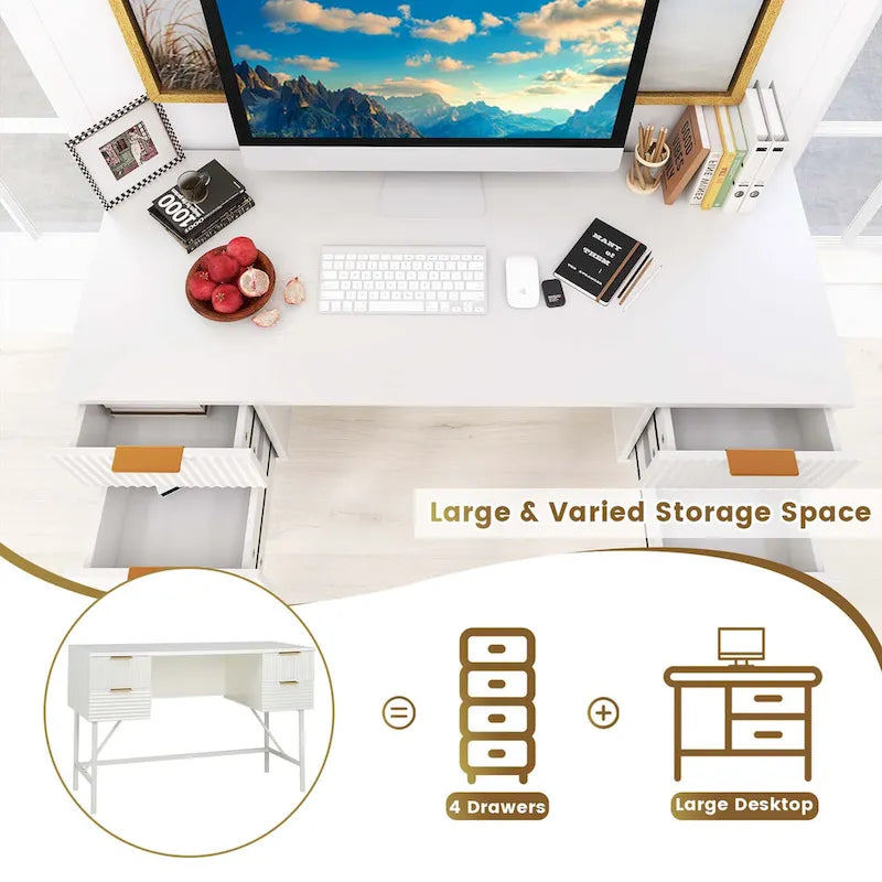 Bureau informatique de 122 cm avec 4 tiroirs de rangement et cadre métallique moderne