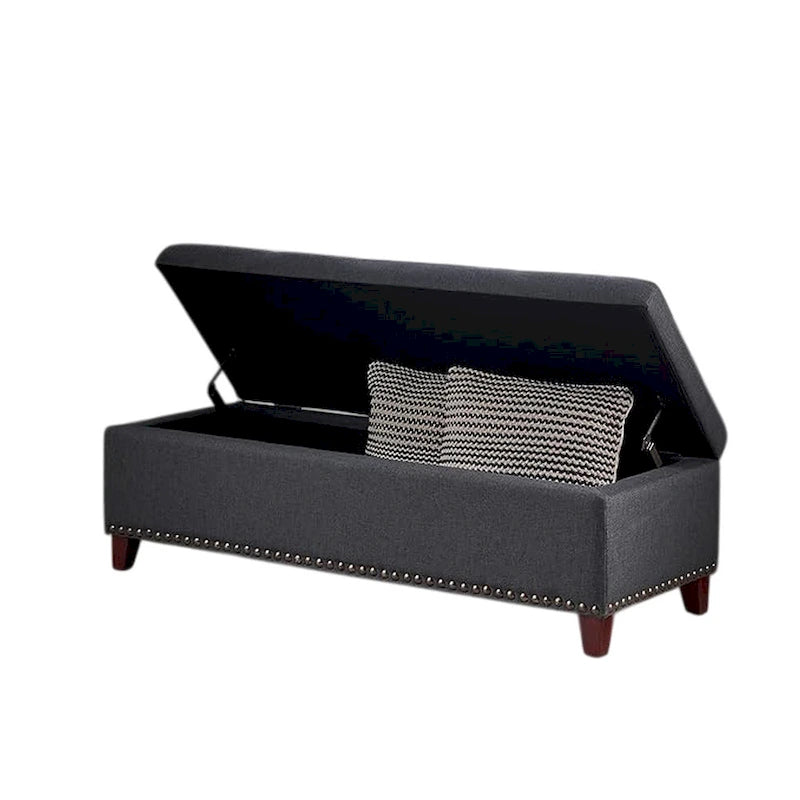 Banc de rangement Nancy, 129,5 cm, tissu gris foncé, garniture cloutée en laiton