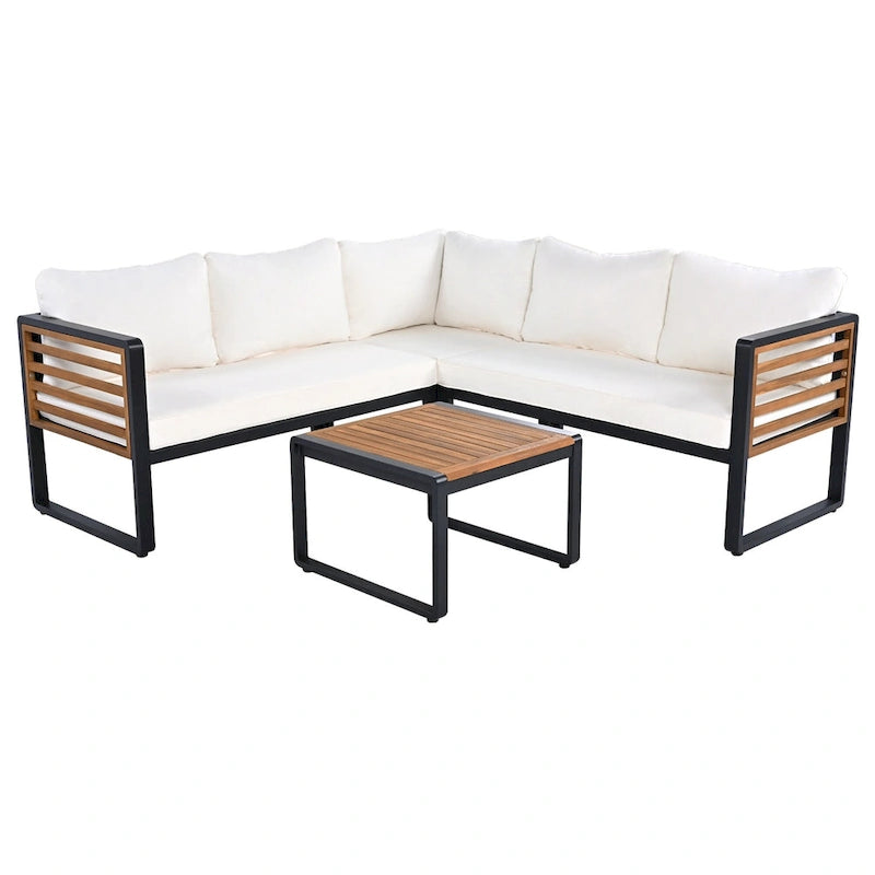 Ensemble de conversation d'extérieur 4 pièces, sectionnel d'angle avec cadre en métal et bois, coussins moelleux et table basse