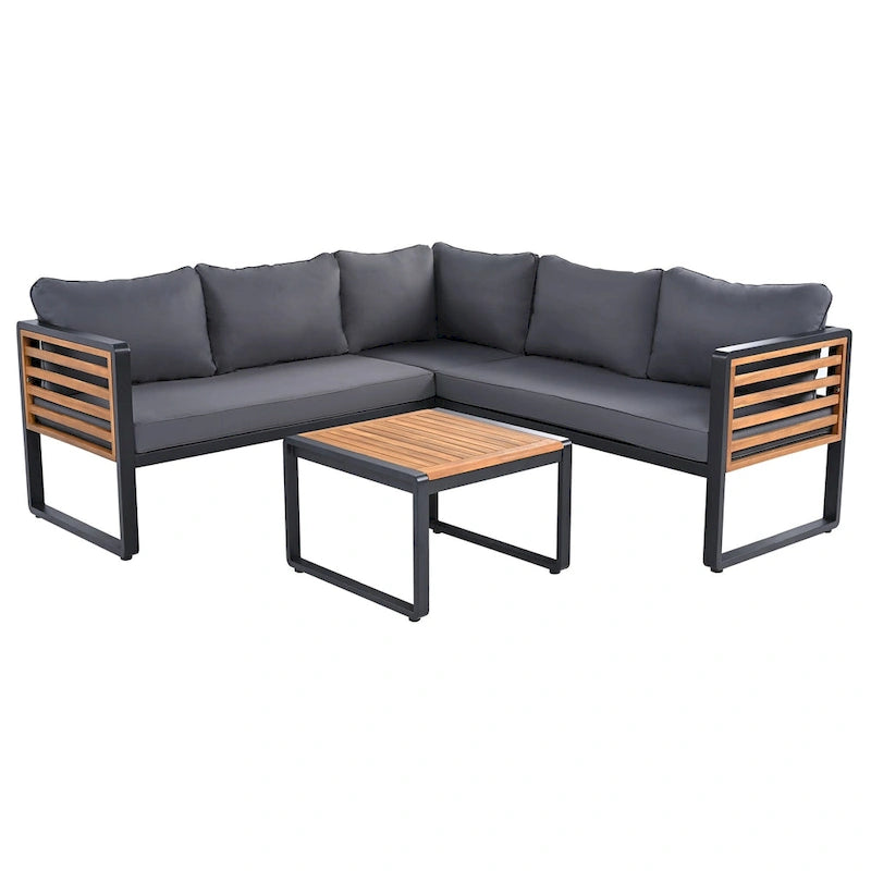 Ensemble de conversation d'extérieur 4 pièces, sectionnel d'angle avec cadre en métal et bois, coussins moelleux et table basse