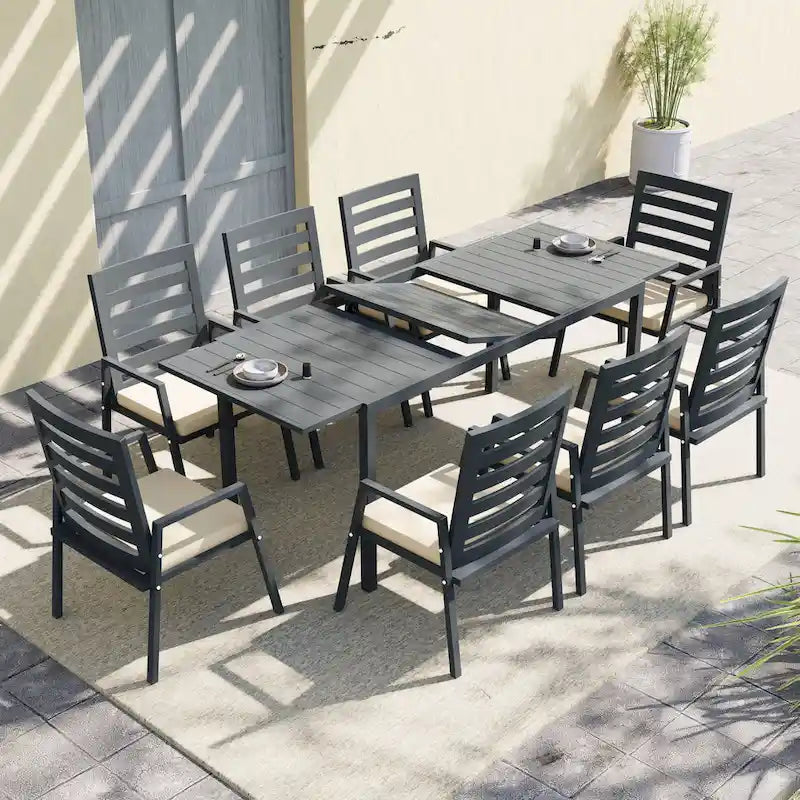 Rectangular Outdoor Patio Dining Table in Aluminum Extendable Leaf Tabletop for Porch & Backyard