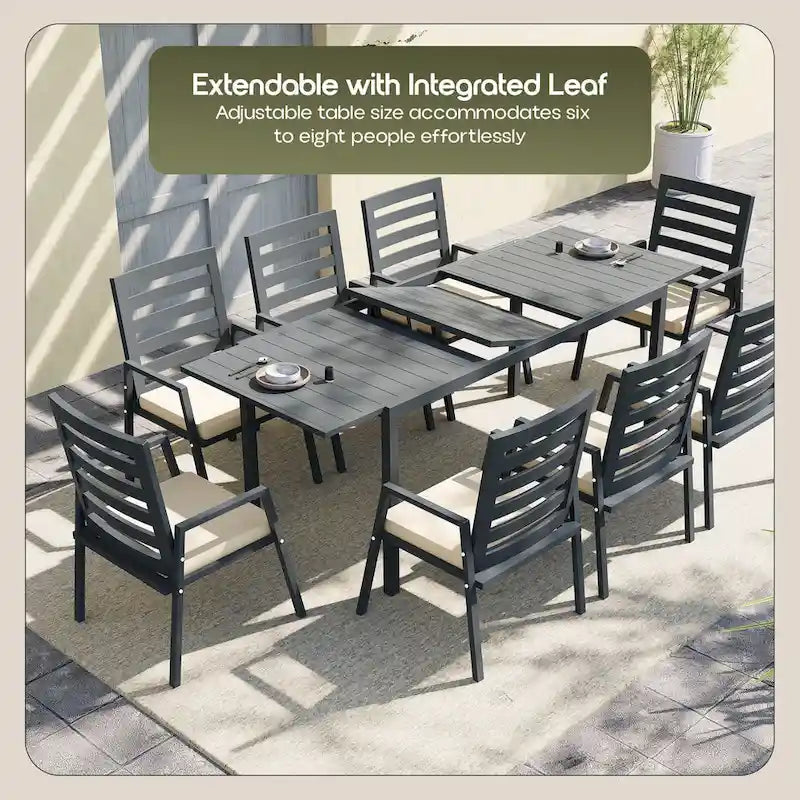 Table à manger d'extérieur rectangulaire en aluminium avec plateau à rallonges pour véranda et jardin