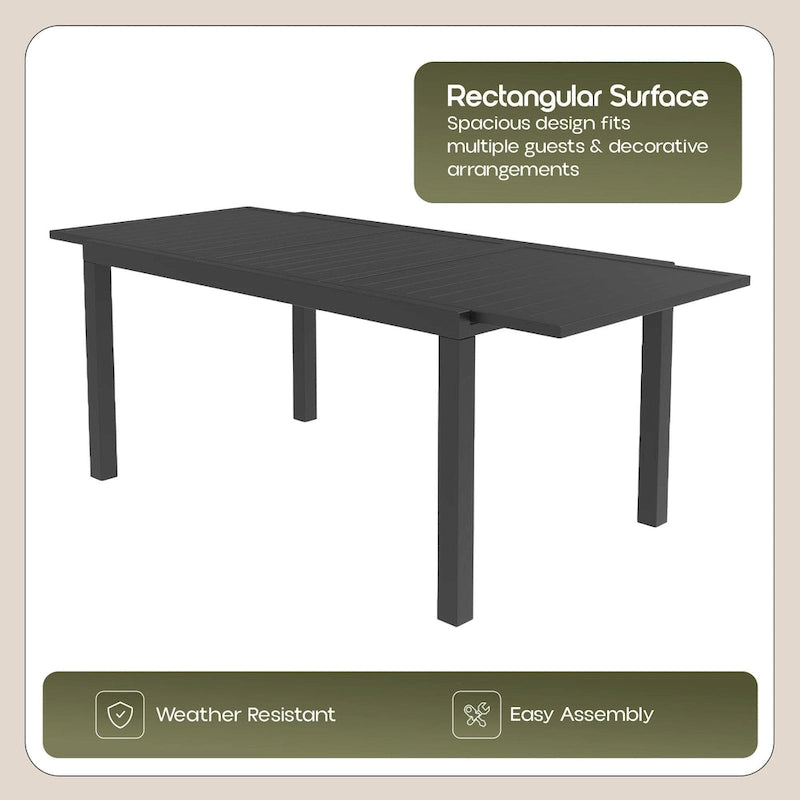 Table à manger d'extérieur rectangulaire en aluminium avec plateau à rallonges pour véranda et jardin