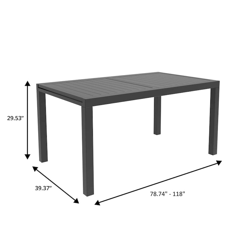 Table à manger d'extérieur rectangulaire en aluminium avec plateau à rallonges pour véranda et jardin