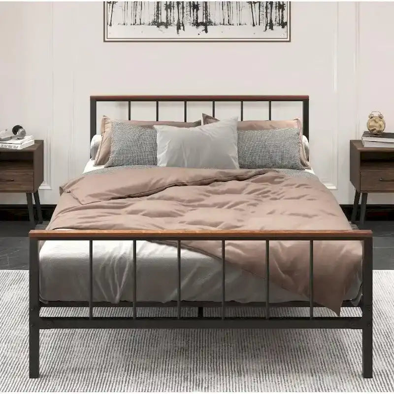 Cadre de lit plateforme Queen Size en métal noir avec tête de lit et pied de lit, construction robuste, pas besoin de sommier tapissier, Queen