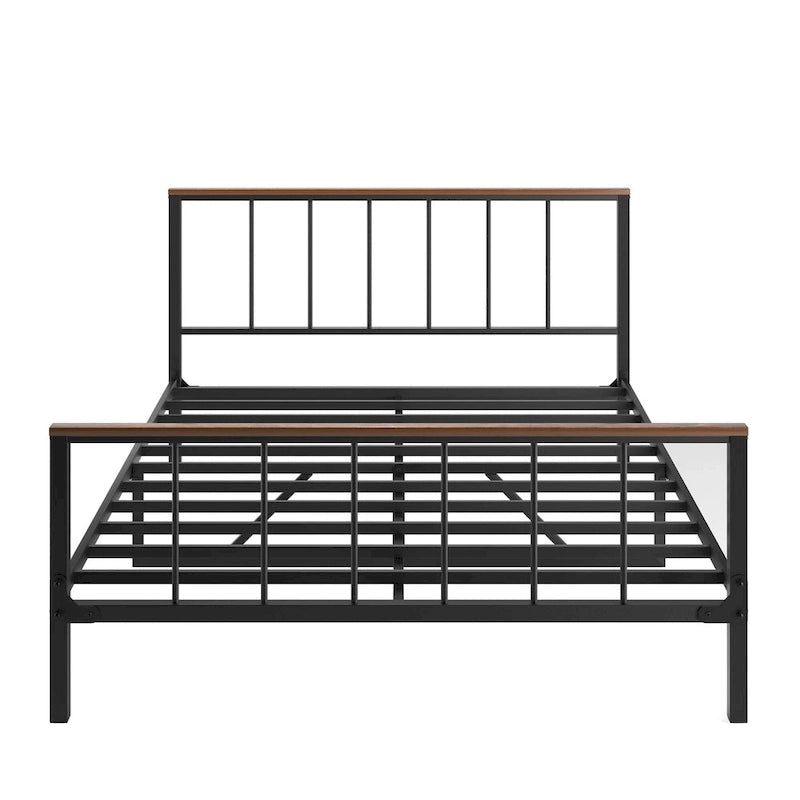 Cadre de lit plateforme Queen Size en métal noir avec tête de lit et pied de lit, construction robuste, pas besoin de sommier tapissier, Queen