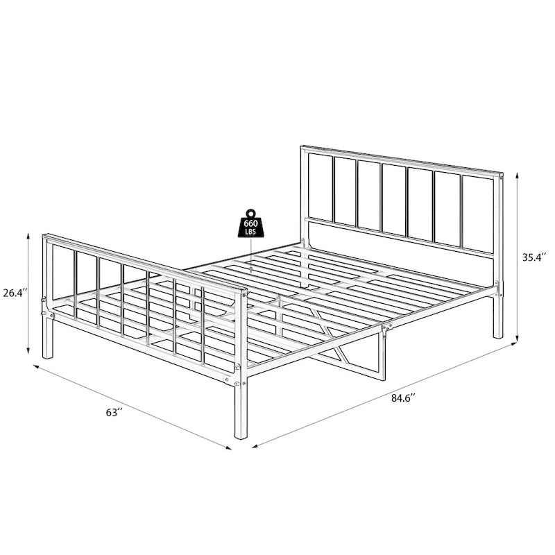 Cadre de lit plateforme Queen Size en métal noir avec tête de lit et pied de lit, construction robuste, pas besoin de sommier tapissier, Queen