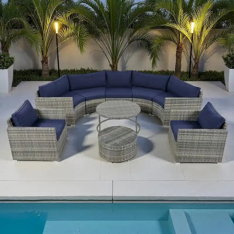 Ensemble de mobilier de jardin 9 pièces en osier demi-lune avec table basse gigogne et 2 fauteuils