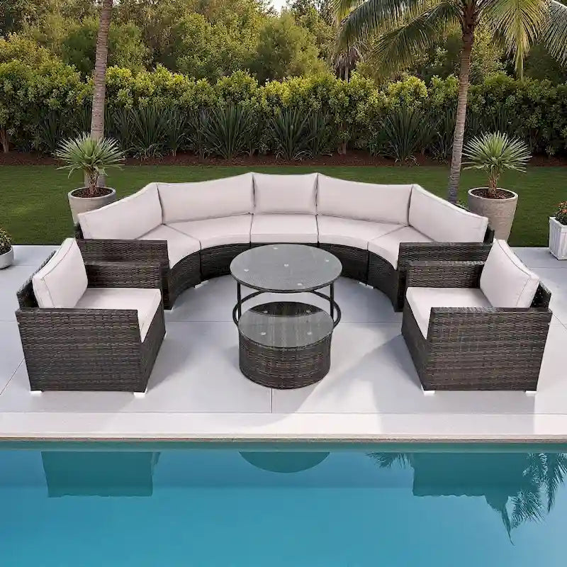 Ensemble de mobilier de jardin 9 pièces en osier demi-lune avec table basse gigogne et 2 fauteuils