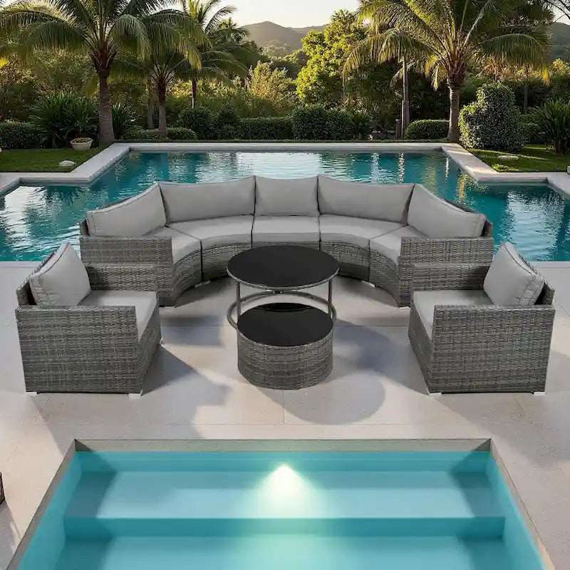 9-Piece Outdoor Patio Wicker Half-Moon Sectional Sofa Set with Nesting Coffee Table and 2 Armchair