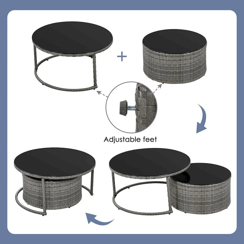 Ensemble de mobilier de jardin 9 pièces en osier demi-lune avec table basse gigogne et 2 fauteuils