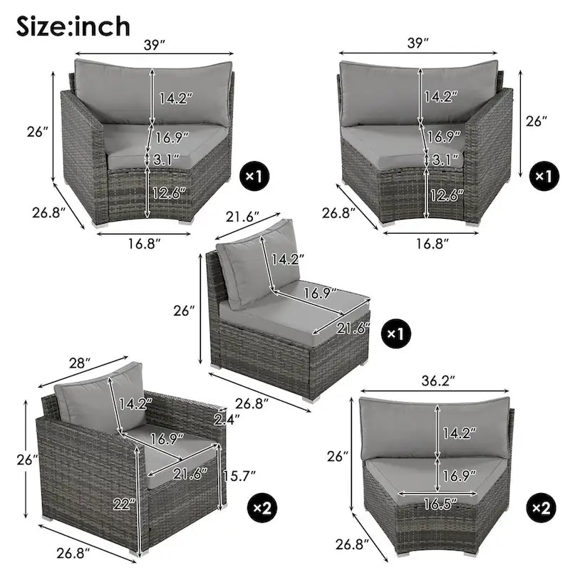 Ensemble de mobilier de jardin 9 pièces en osier demi-lune avec table basse gigogne et 2 fauteuils