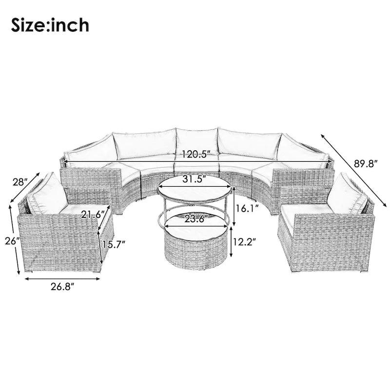Ensemble de mobilier de jardin 9 pièces en osier demi-lune avec table basse gigogne et 2 fauteuils