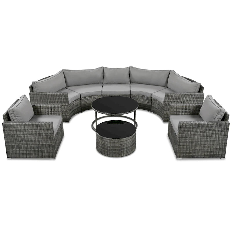 Ensemble de mobilier de jardin 9 pièces en osier demi-lune avec table basse gigogne et 2 fauteuils