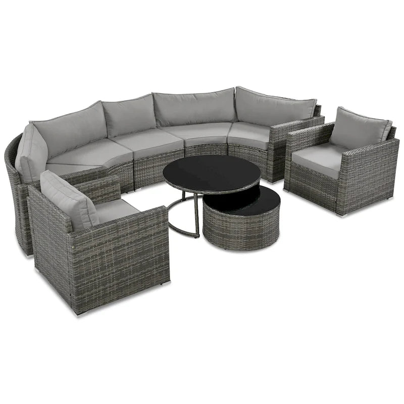 Ensemble de mobilier de jardin 9 pièces en osier demi-lune avec table basse gigogne et 2 fauteuils