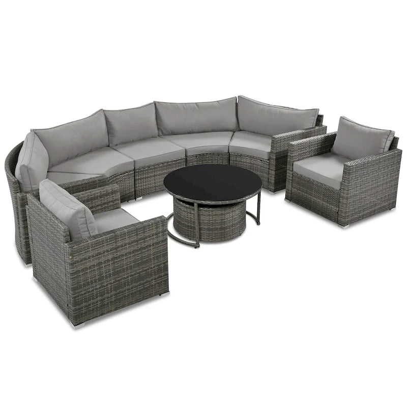 Ensemble de mobilier de jardin 9 pièces en osier demi-lune avec table basse gigogne et 2 fauteuils