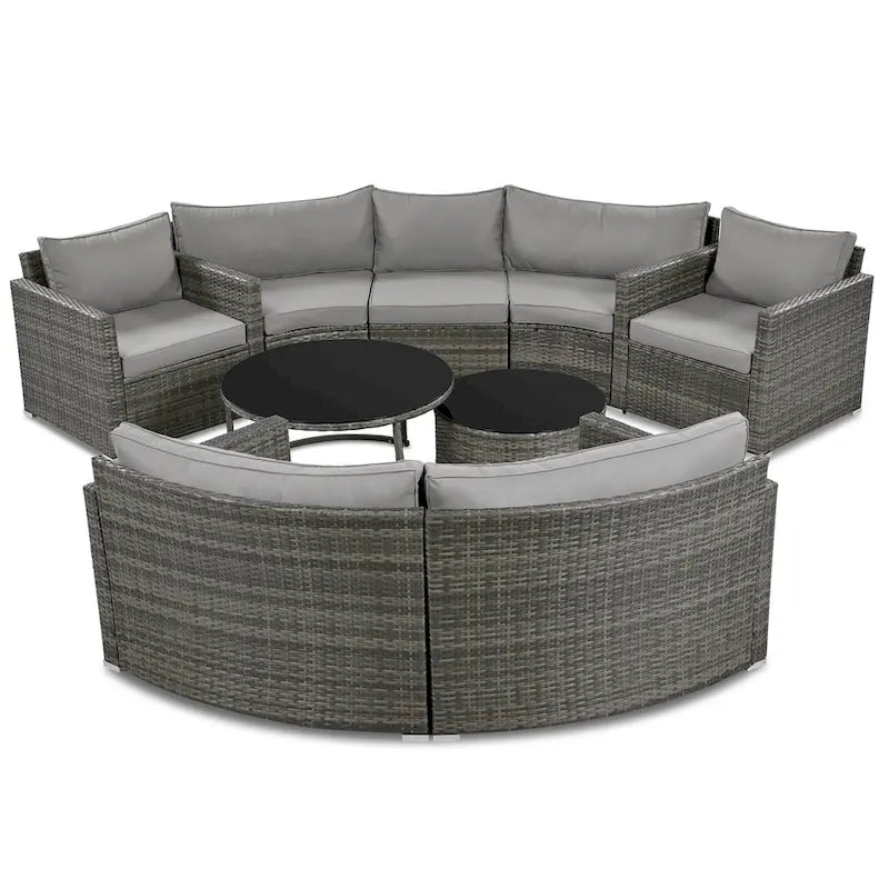 Ensemble de mobilier de jardin 9 pièces en osier demi-lune avec table basse gigogne et 2 fauteuils