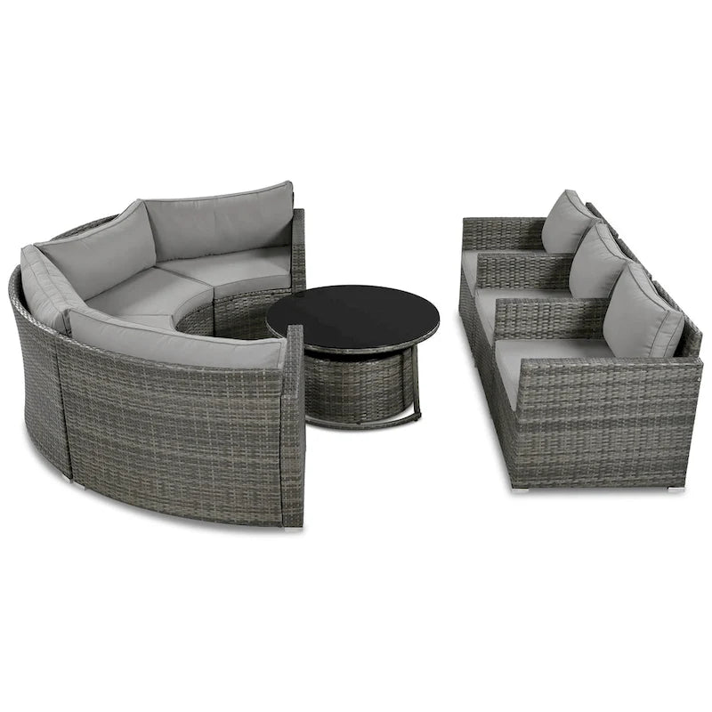 Ensemble de mobilier de jardin 9 pièces en osier demi-lune avec table basse gigogne et 2 fauteuils