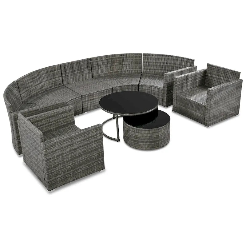 Ensemble de mobilier de jardin 9 pièces en osier demi-lune avec table basse gigogne et 2 fauteuils