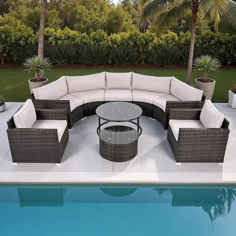 Ensemble de mobilier de jardin 9 pièces en osier demi-lune avec table basse gigogne et 2 fauteuils