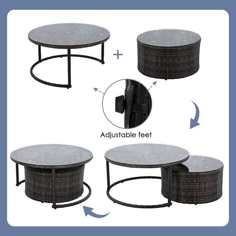 Ensemble de mobilier de jardin 9 pièces en osier demi-lune avec table basse gigogne et 2 fauteuils