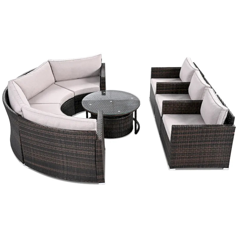 Ensemble de mobilier de jardin 9 pièces en osier demi-lune avec table basse gigogne et 2 fauteuils