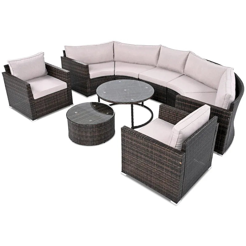 Ensemble de mobilier de jardin 9 pièces en osier demi-lune avec table basse gigogne et 2 fauteuils