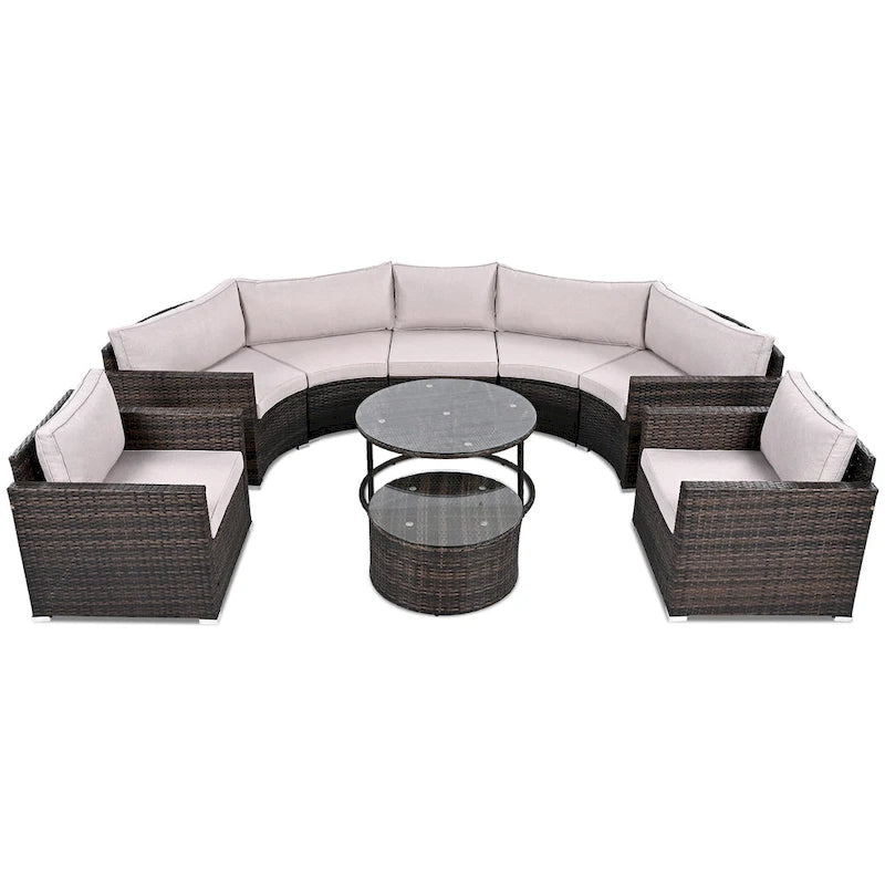 Ensemble de mobilier de jardin 9 pièces en osier demi-lune avec table basse gigogne et 2 fauteuils