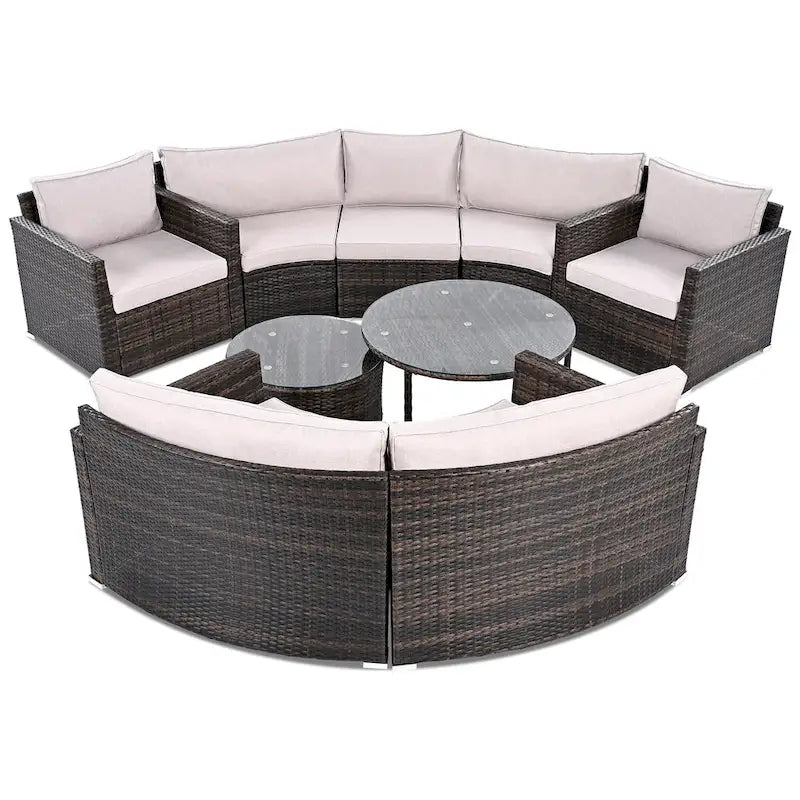 Ensemble de mobilier de jardin 9 pièces en osier demi-lune avec table basse gigogne et 2 fauteuils