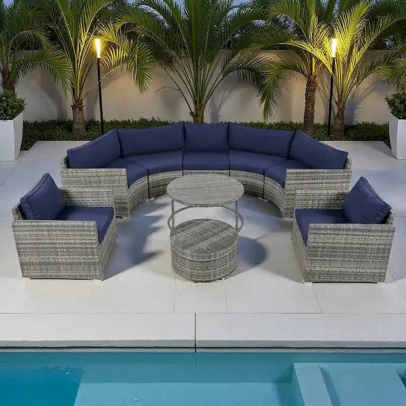 Ensemble de mobilier de jardin 9 pièces en osier demi-lune avec table basse gigogne et 2 fauteuils