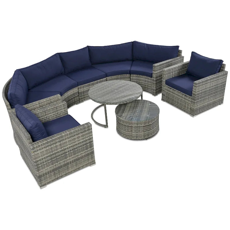Ensemble de mobilier de jardin 9 pièces en osier demi-lune avec table basse gigogne et 2 fauteuils