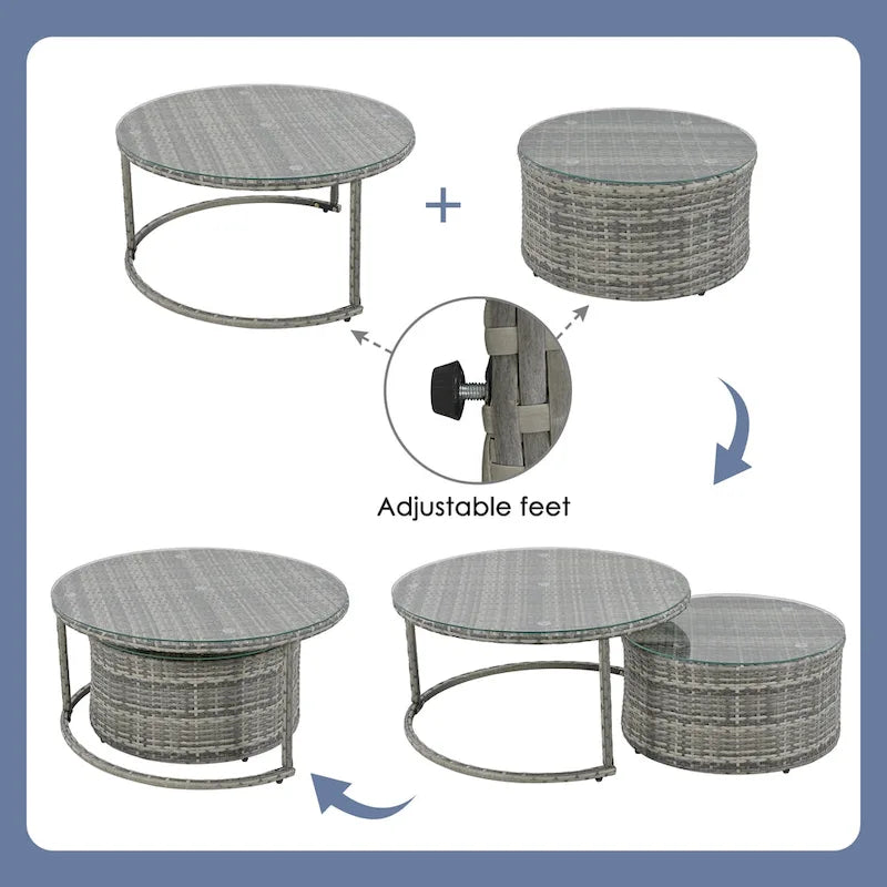 Ensemble de mobilier de jardin 9 pièces en osier demi-lune avec table basse gigogne et 2 fauteuils