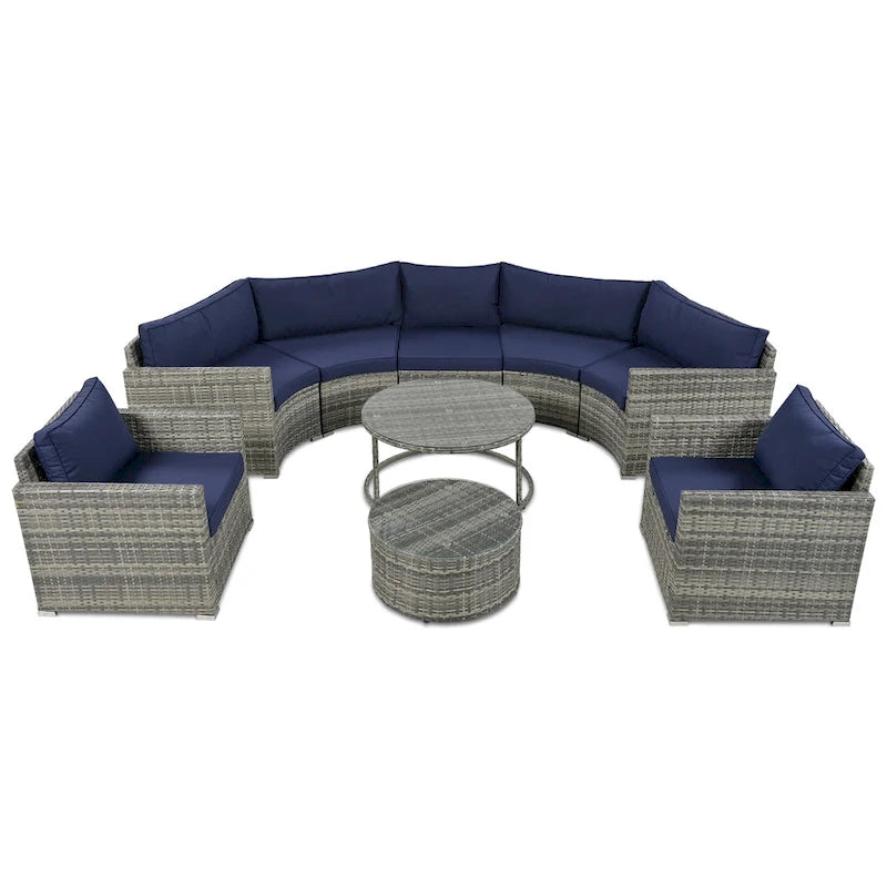 Ensemble de mobilier de jardin 9 pièces en osier demi-lune avec table basse gigogne et 2 fauteuils