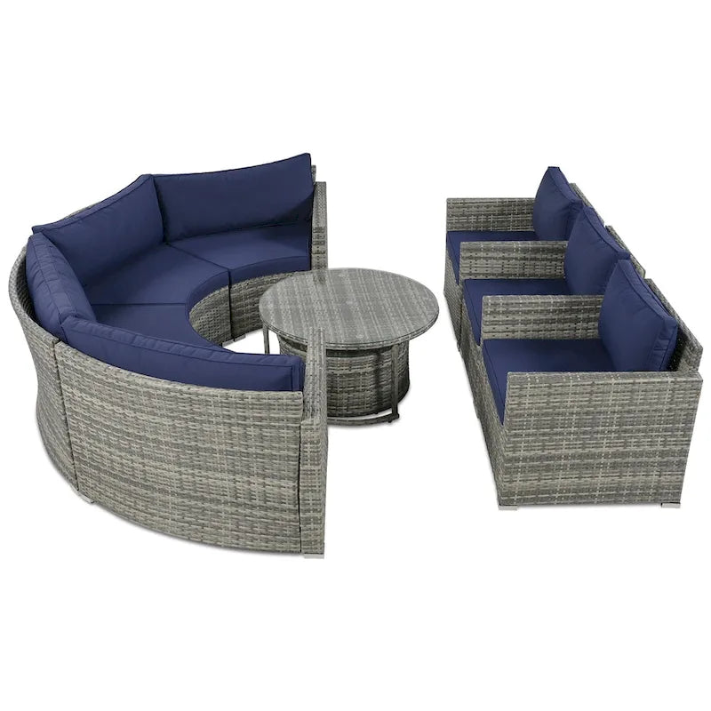 Ensemble de mobilier de jardin 9 pièces en osier demi-lune avec table basse gigogne et 2 fauteuils