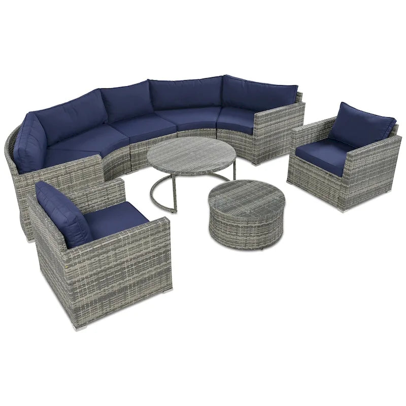 Ensemble de mobilier de jardin 9 pièces en osier demi-lune avec table basse gigogne et 2 fauteuils