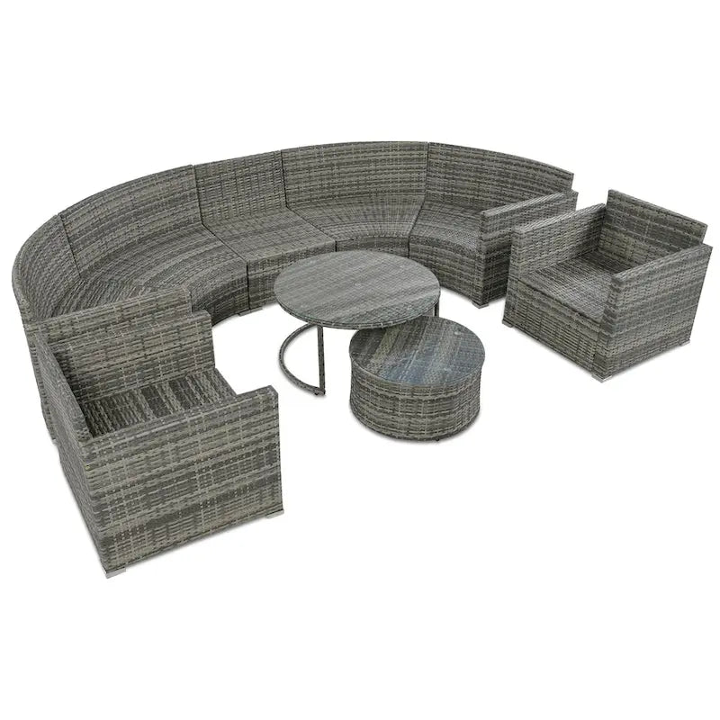 Ensemble de mobilier de jardin 9 pièces en osier demi-lune avec table basse gigogne et 2 fauteuils