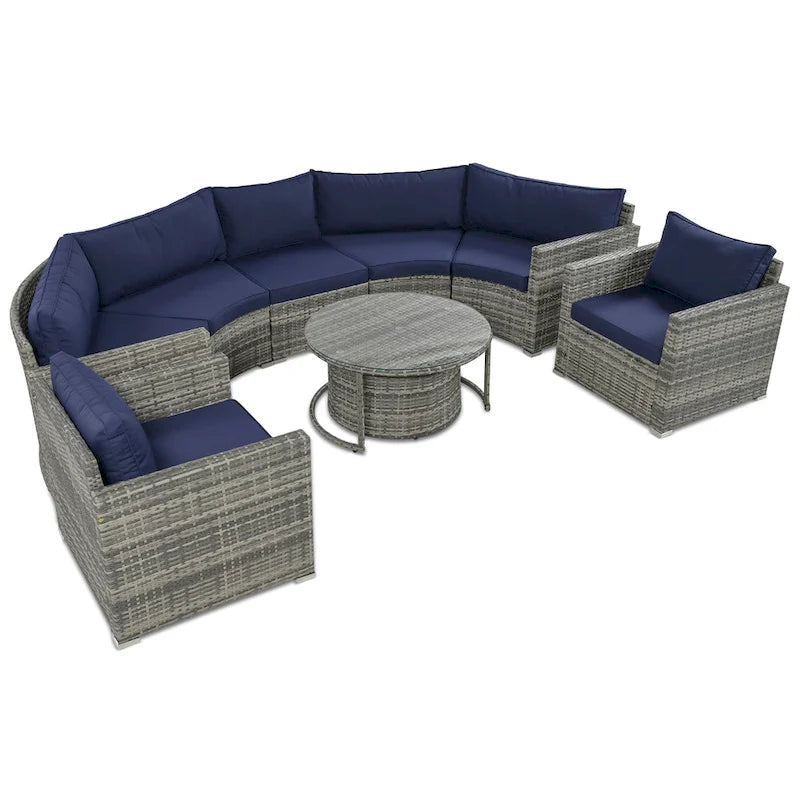 Ensemble de mobilier de jardin 9 pièces en osier demi-lune avec table basse gigogne et 2 fauteuils