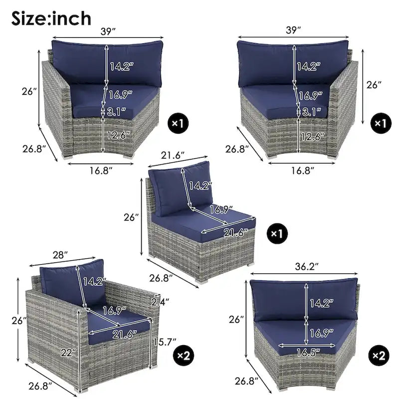 Ensemble de mobilier de jardin 9 pièces en osier demi-lune avec table basse gigogne et 2 fauteuils