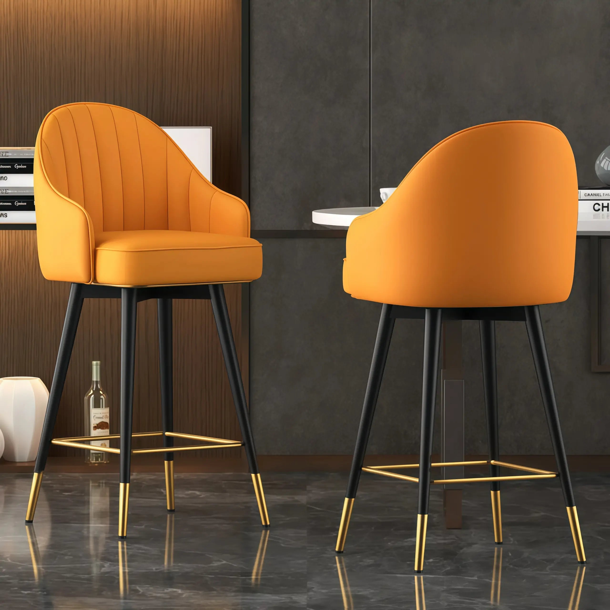 Tabouret de bar Art Déco pivotant en cuir avec dossier et assise rembourrés