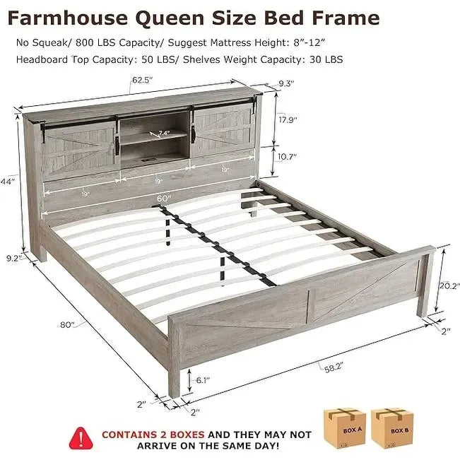 Lit queen size de style campagnard avec étagères de rangement et station de charge