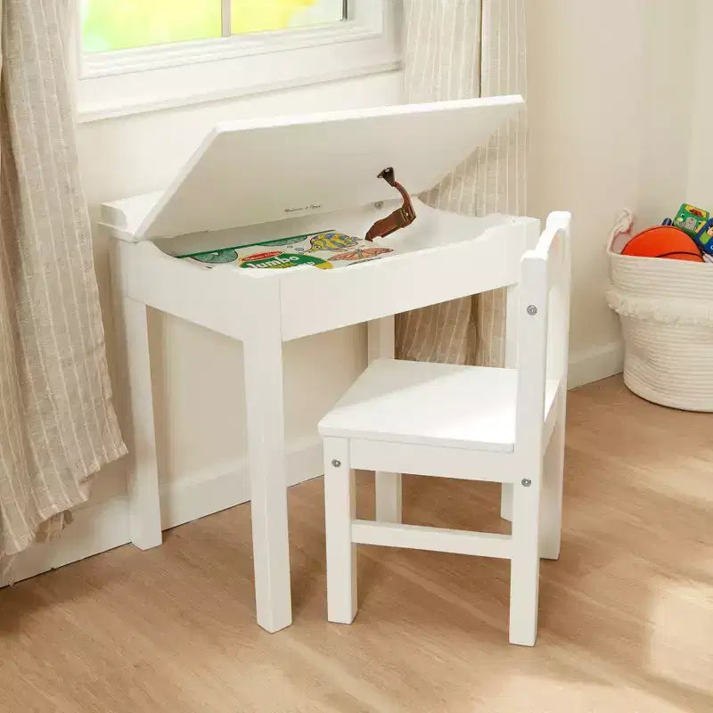 Melissa & Doug Wooden Child's Lift-Top Desk and Chair - White: Fixed Height Office Furniture Set with Storage