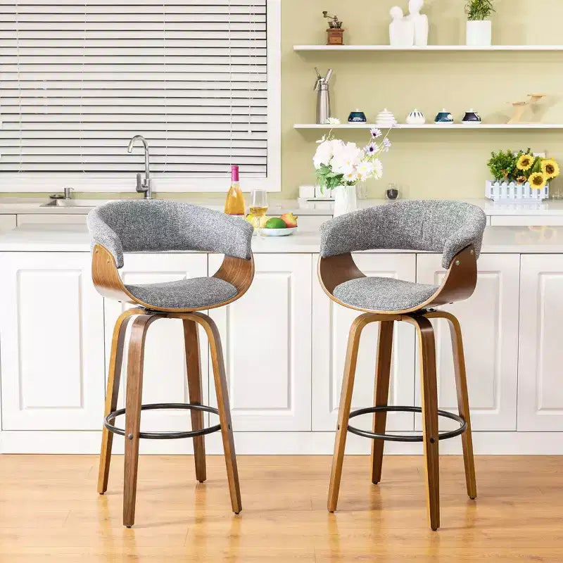 Set of 2 Mid-Century Modern Walnut Swivel Barstools Gray - Glitzhome