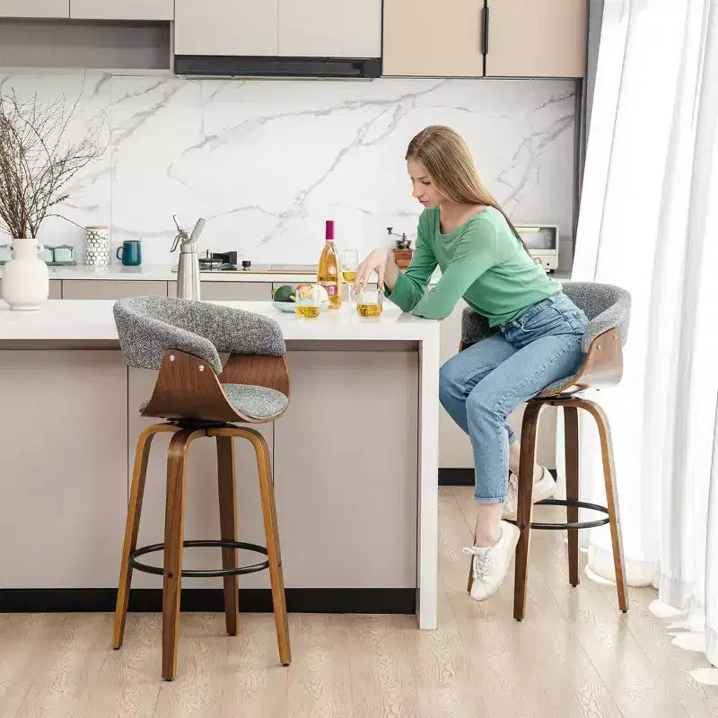 Set of 2 Mid-Century Modern Walnut Swivel Barstools Gray - Glitzhome