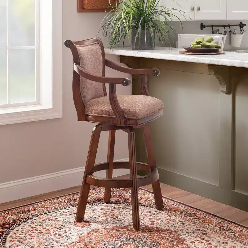 31" Dakota Upholstery Swivel Barstool with Arms Light Brown - Powell Company: Rubberwood, Tweed Fabric, 275 lb Capacity